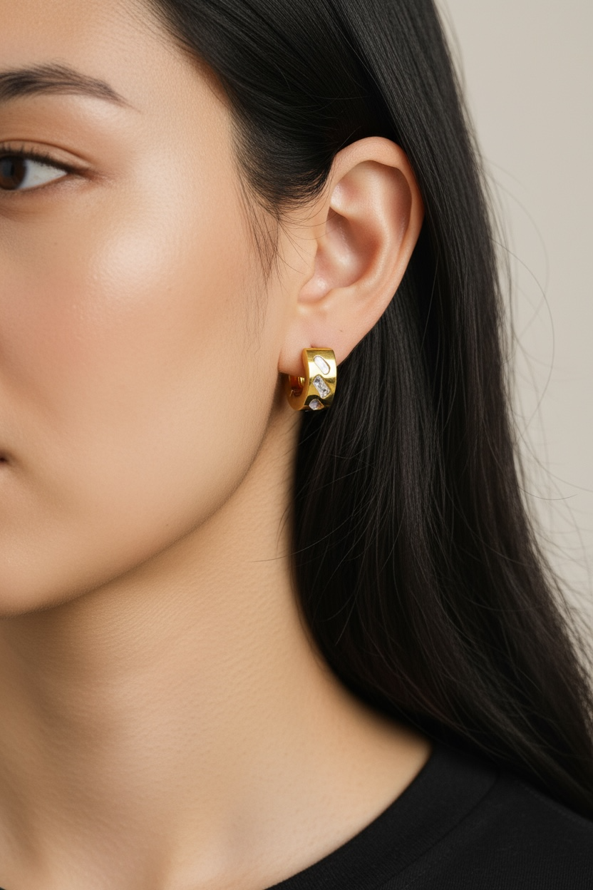 Golden Shine Mother of Pearl & Crystal Huggie Hoops