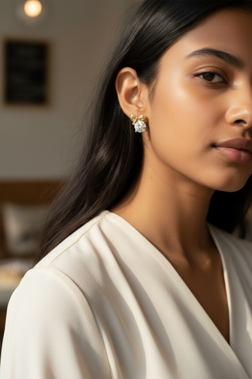 Golden Bow Diamond Stud Earrings