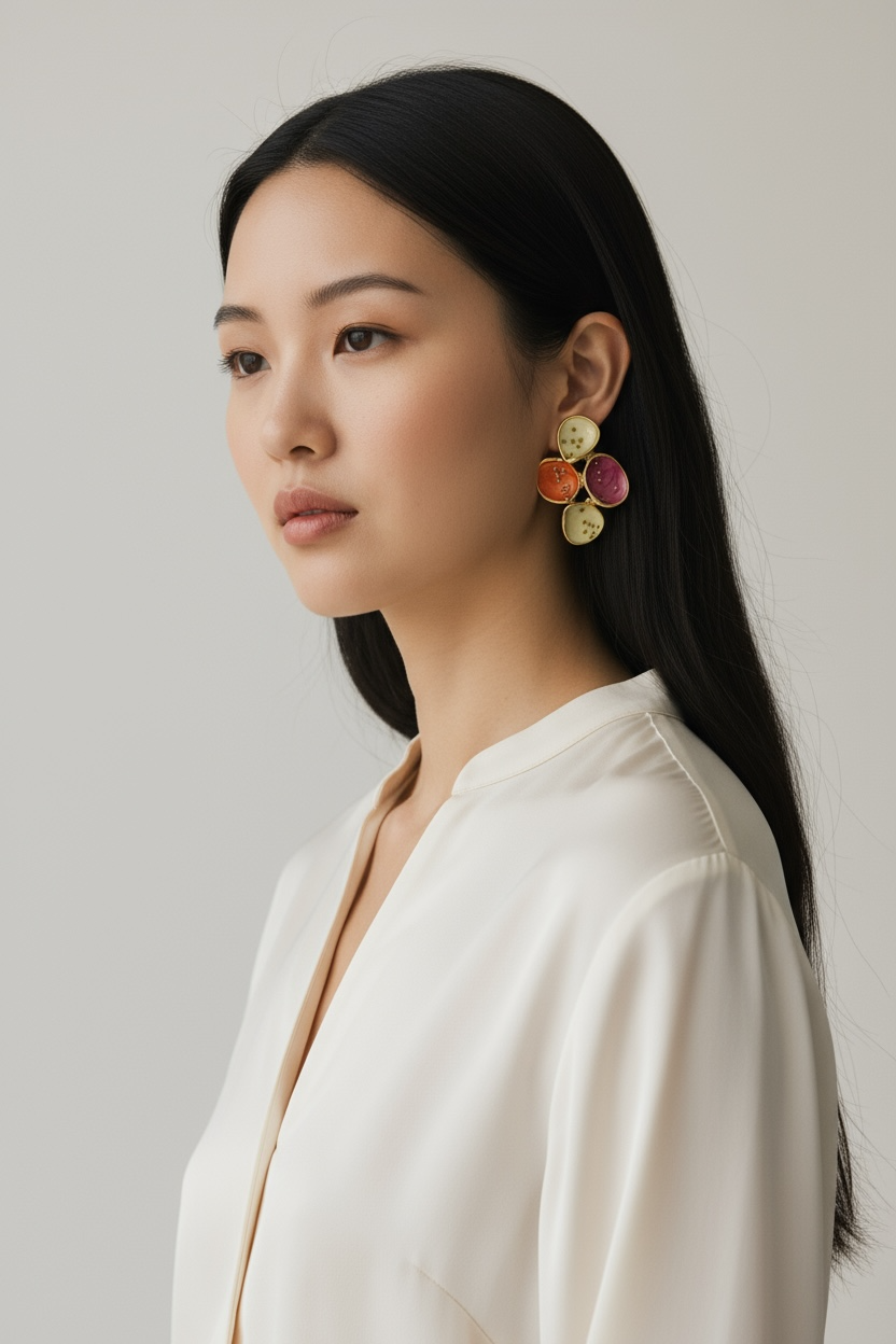 Floral Enamel Petal Earrings Multicolor Statement Studs