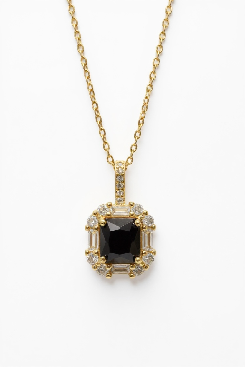 Elegant Gold Necklace with Black Stone & Crystal Halo