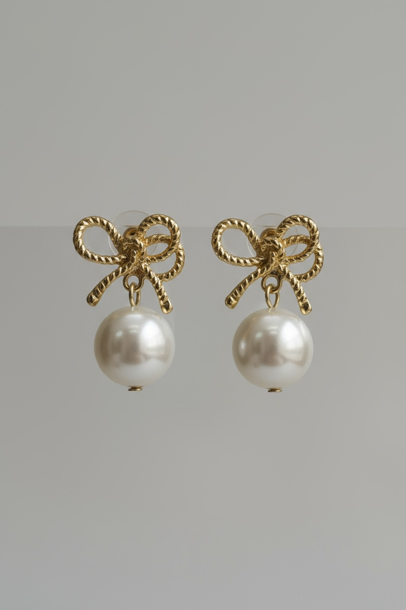 Golden Bow Pearl Drop Earrings