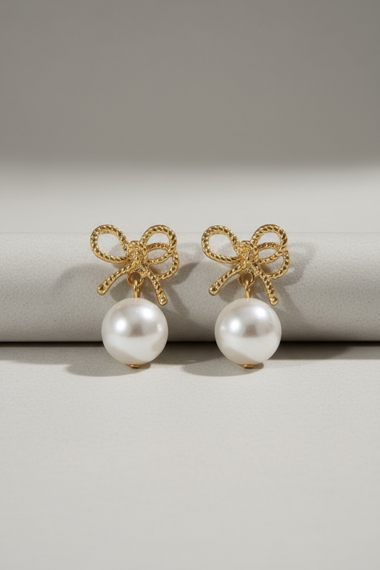 Golden Bow Pearl Drop Earrings