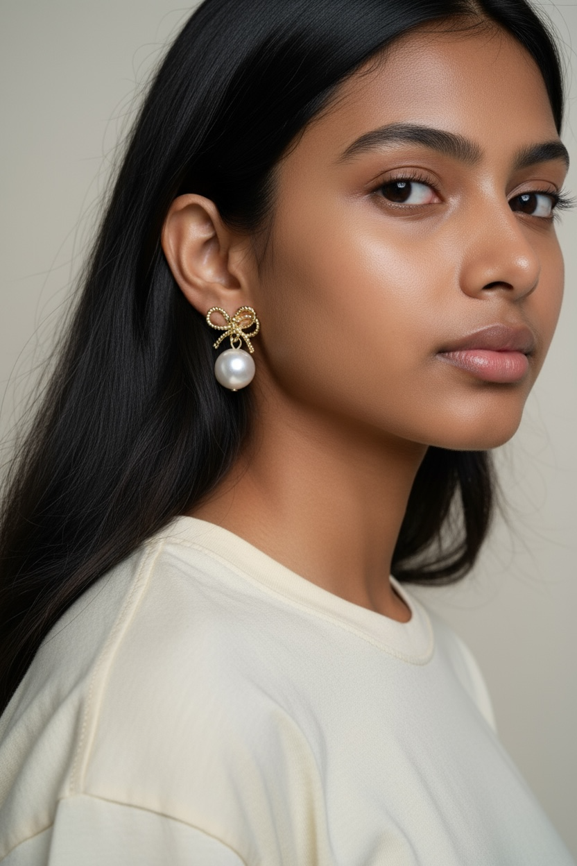 Golden Bow Pearl Drop Earrings