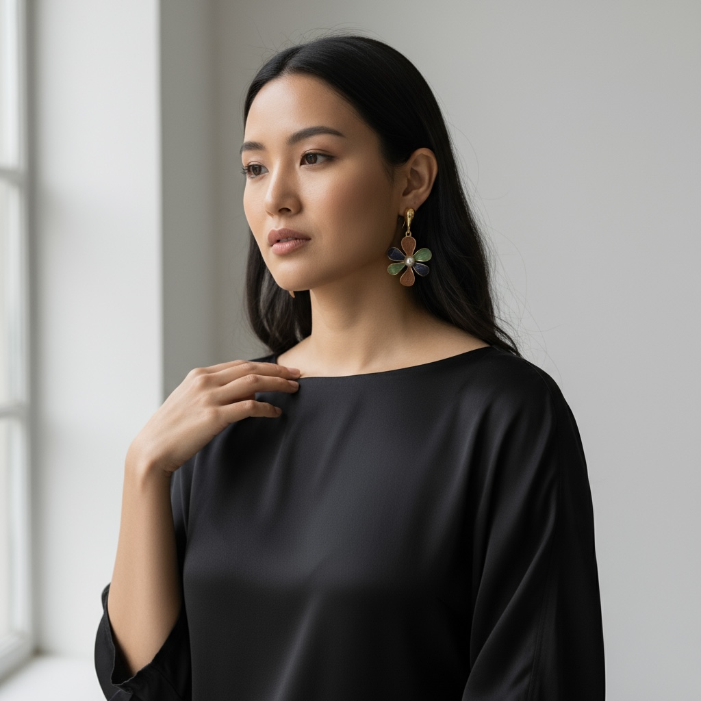 Floral Enamel Drop Earrings with Pearl Center