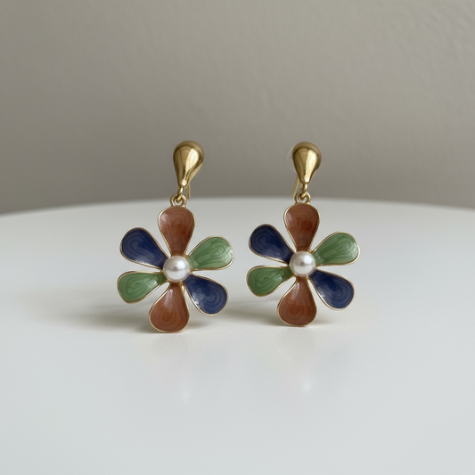 Floral Enamel Drop Earrings with Pearl Center