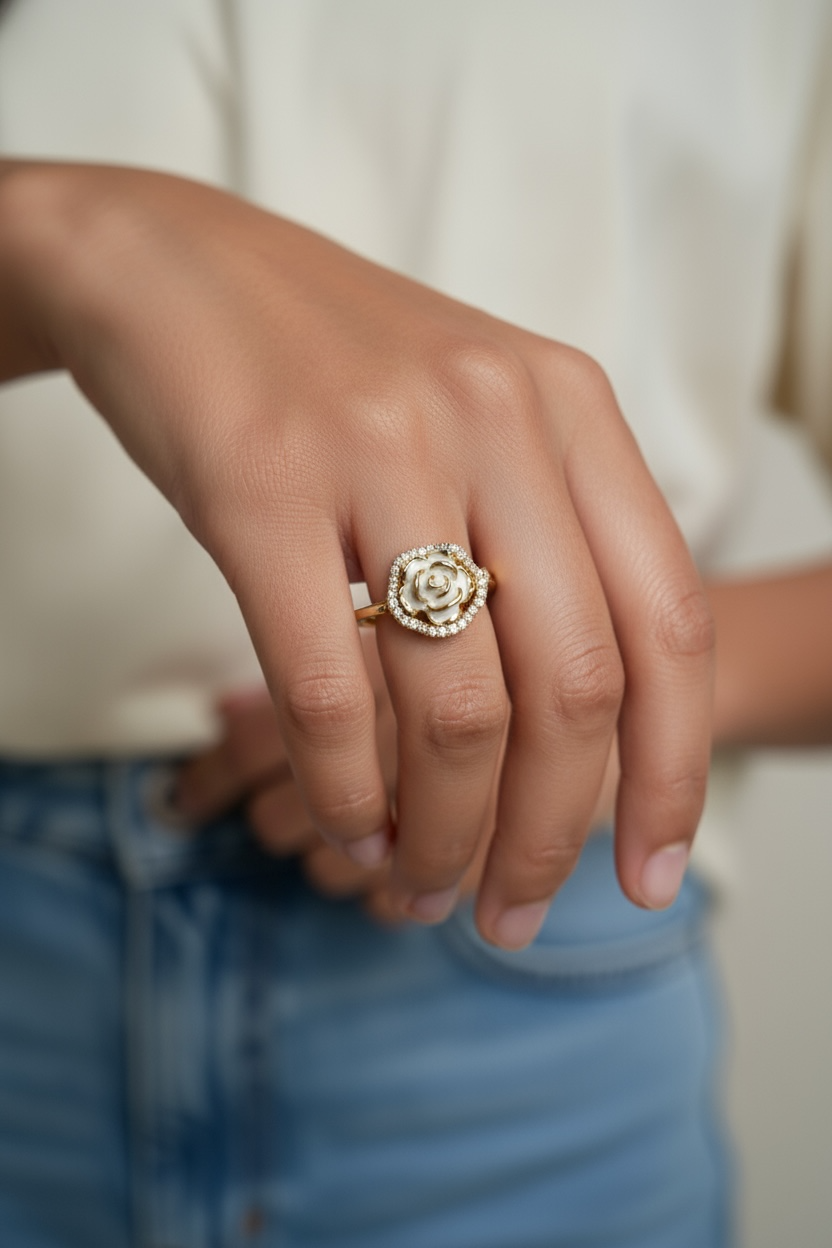 Golden Bloom Enamel Rose Ring