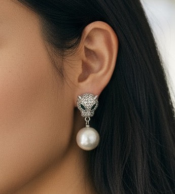 Luxury Panther Pearl Drop Earrings