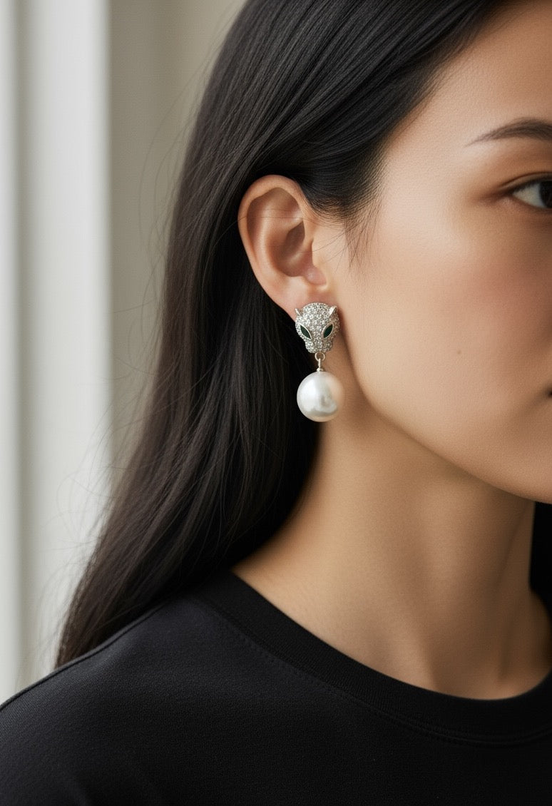 Luxury Panther Pearl Drop Earrings