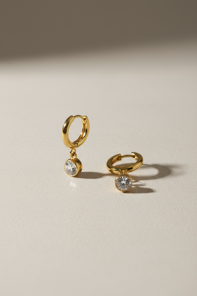 Minimal Gold Hoop Earrings with Crystal Drop