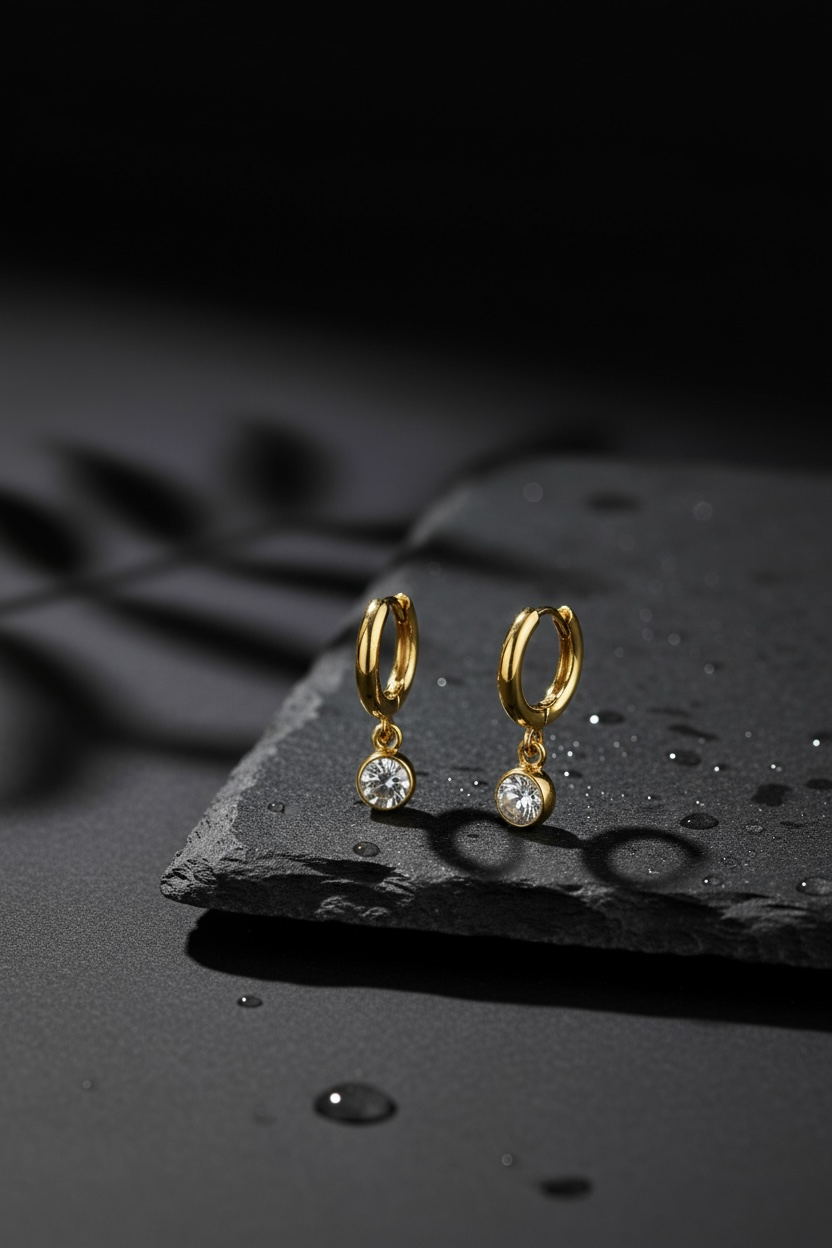 Minimal Gold Hoop Earrings with Crystal Drop