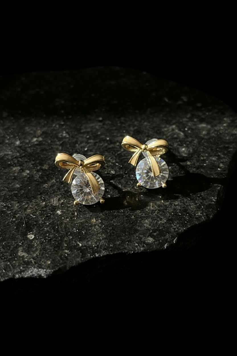 Golden Bow Diamond Stud Earrings