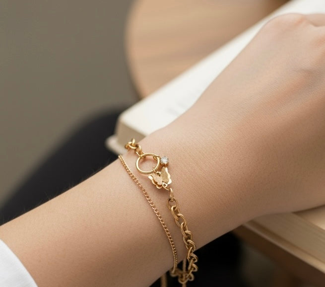 Butterfly Charm Dual-Link Rose Gold Bracelet