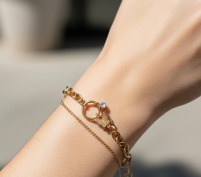 Butterfly Charm Dual-Link Rose Gold Bracelet