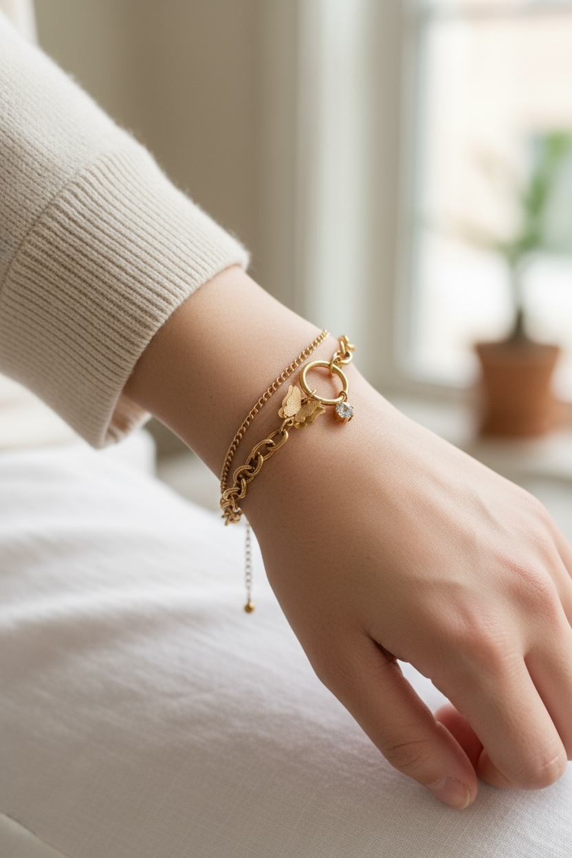 Butterfly Charm Dual-Link Rose Gold Bracelet