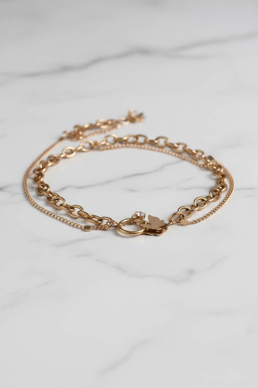 Butterfly Charm Dual-Link Rose Gold Bracelet