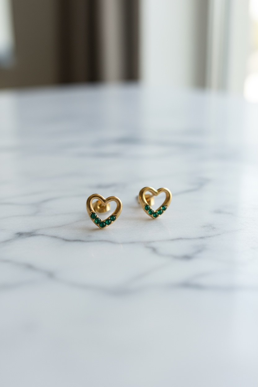 Emerald Heart Gold-Plated Stud Earrings