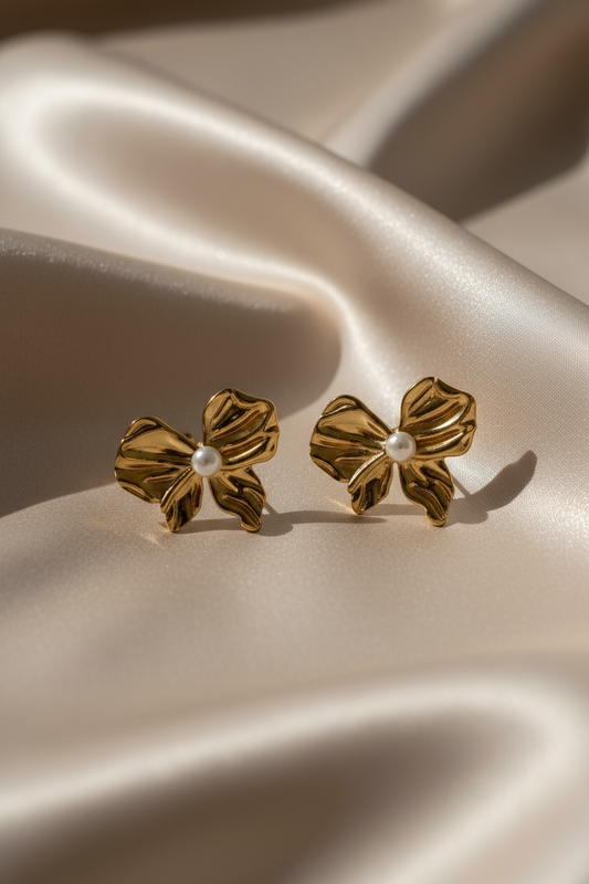 Golden Ribbon Bow Pearl Stud Earrings