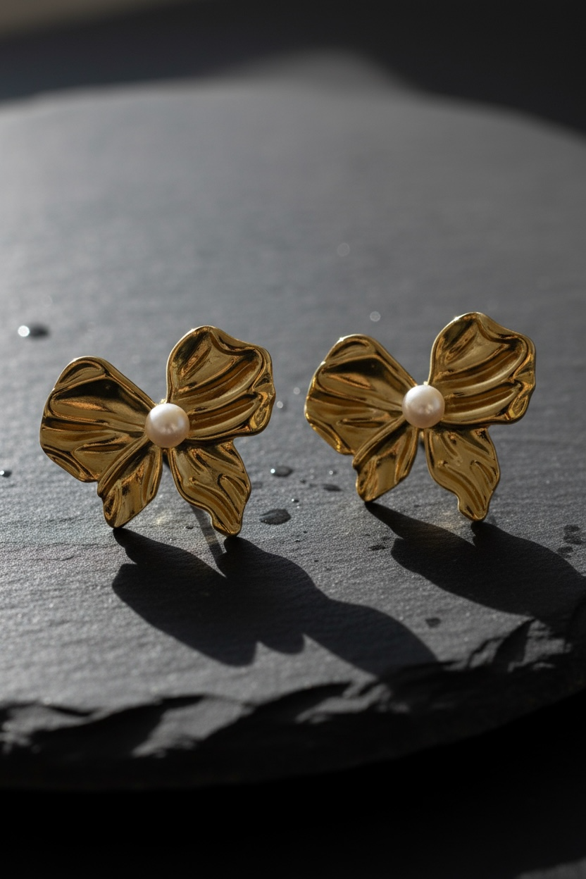 Golden Ribbon Bow Pearl Stud Earrings
