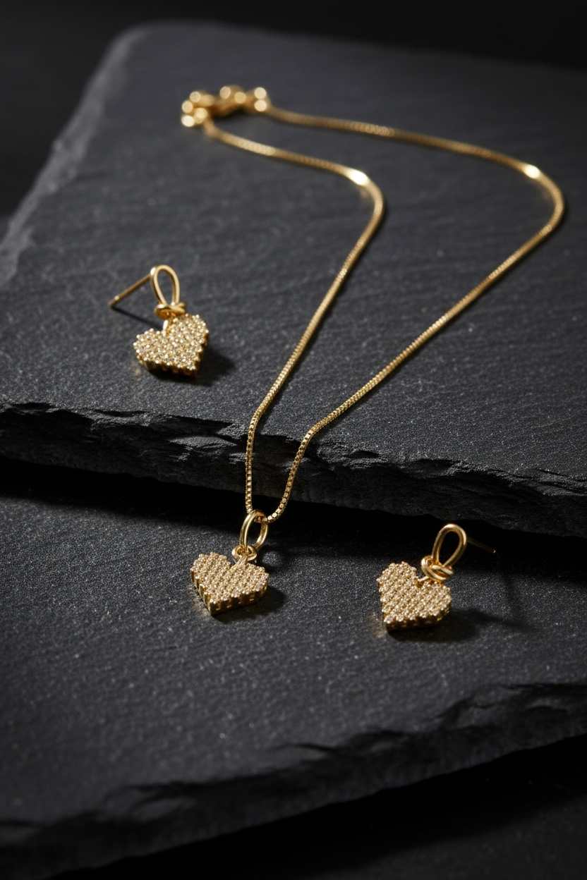 Golden Heart Pendant & Earring Set